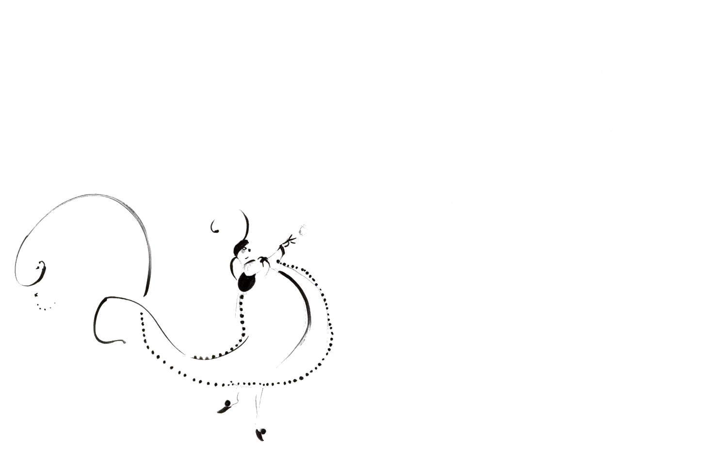 Une danseuse dessinée à l'encre, bras tendu, entourée de volutes et de points