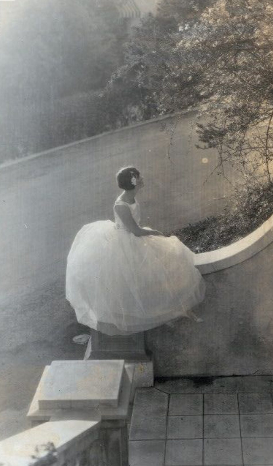 Photographie ancienne : une danseuse en tutu blanc assise sur un muret, de dos