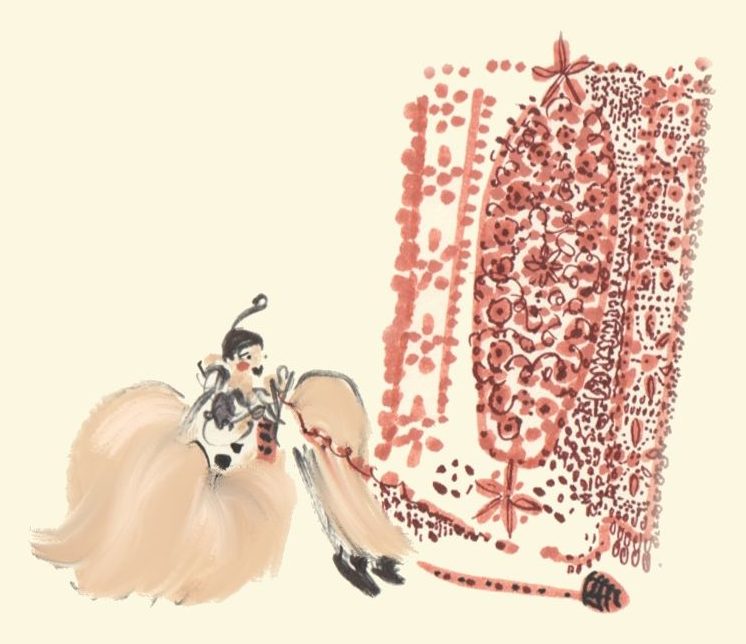 Un petit chien blond et un personnage devant une grande dentelle rouge dessinée à la main