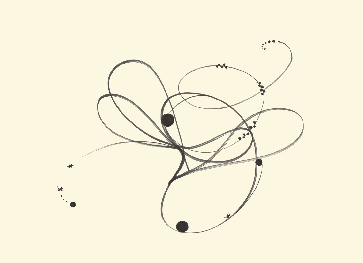 Boucles et arabesques d'encre noire, quelques points épars