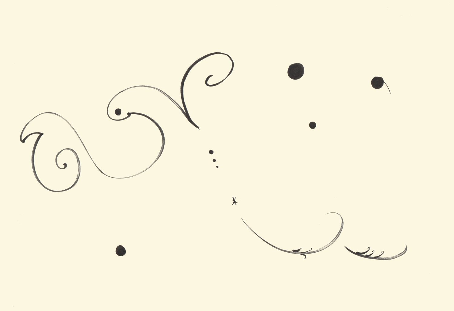 Grandes arabesques d'encre, volutes et quelques points noirs